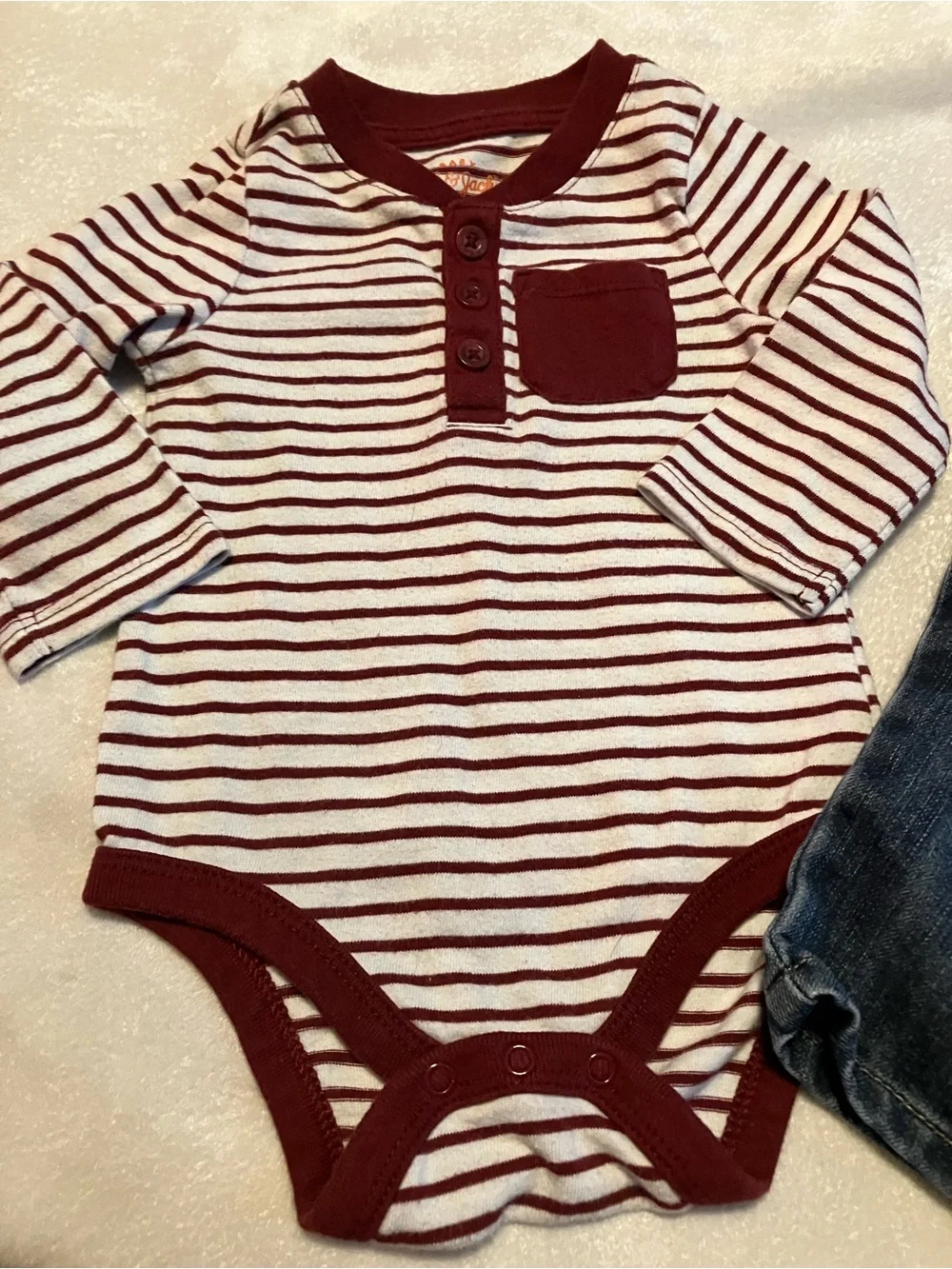Burgundy and White Striped Bodysuit with Denim Pants